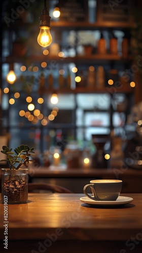 Take a picture of a coffee cup on a table in a coffee shop. The cup should be in the foreground and the background should be blurred.
