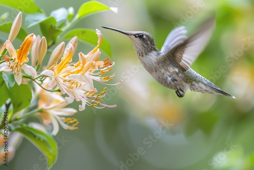 A beautiful scene of a hummingbird sipping nectar from a honeysuckle flower, its long beak inserted into the trumpetshaped bloom