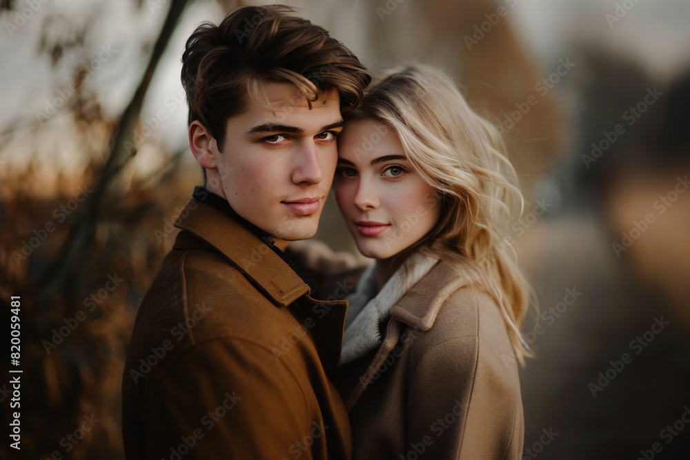 Elegant Young Couple in Autumn Setting: Stylish Outdoor Portrait Elegant Young Couple in Autumn Setting: Stylish Outdoor Portrait