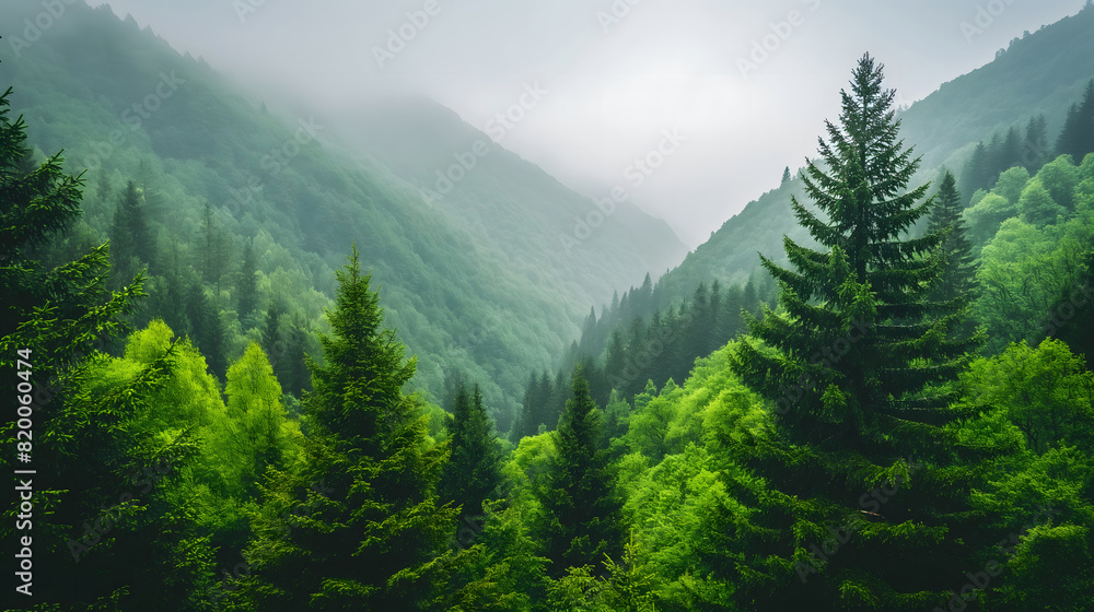 Lush green valley covered in mist Lush green valley covered in mist