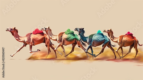 A vibrant scene of camel racing with five camels adorned in colorful saddles running across a sandy desert. The dynamic motion captures the excitement and cultural richness of this traditional sport. photo
