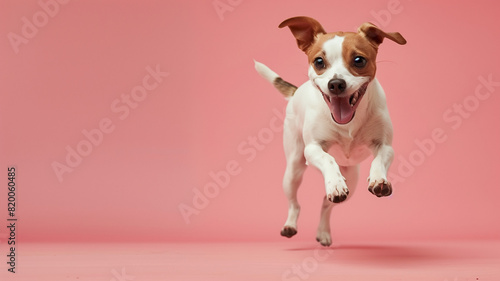 A joyful small dog with a white and brown coat is captured mid-air against a vibrant pink background. The dog's expression is enthusiastic