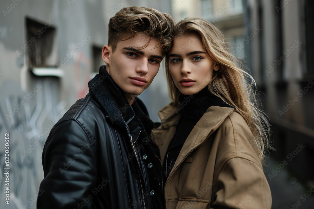 Fashionable Young Couple in Urban Setting: Stylish Street Portrait Fashionable Young Couple in Urban Setting: Stylish Street Portrait