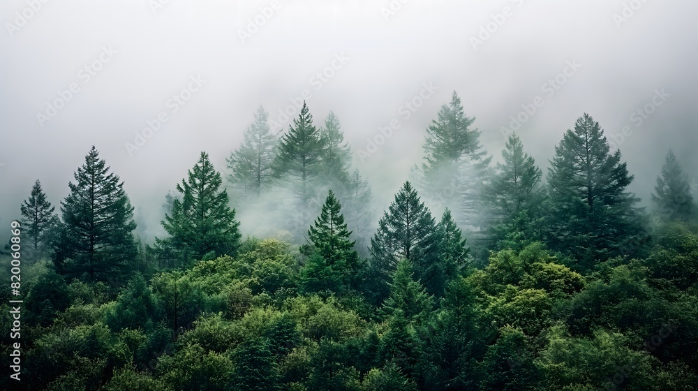 Foggy forest with tall evergreen trees Foggy forest with tall evergreen trees