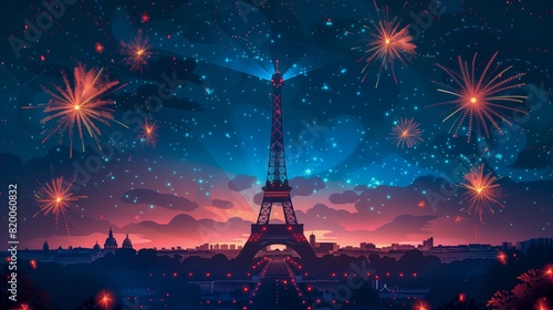 A colorful depiction of the Eiffel Tower illuminated against the night sky