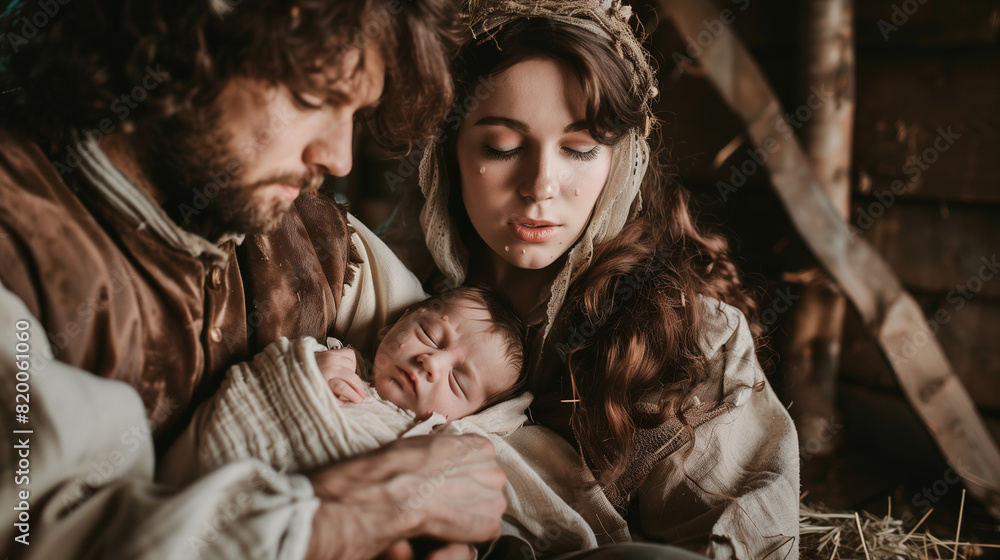 Couple reenacting a Christmas live nativity scene with their 8 days old little newborn baby Couple reenacting a Christmas live nativity scene with their 8 days old little newborn baby
