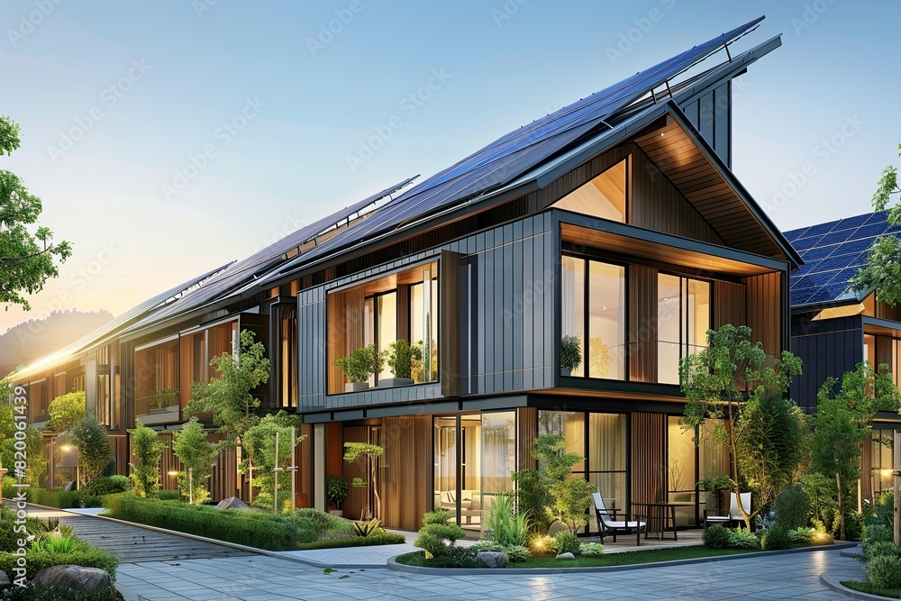 view of a modern housing complex with solar panel technology view of a modern housing complex with solar panel technology