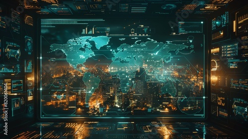 Cyberpunk World Map in Digital Augmented Reality, Illustrating Technological Integration