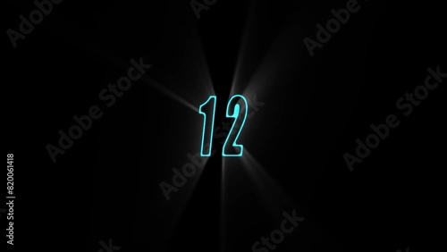 top ten countdown, neon light numbers from 10 to 29, laser neon glow ray appears on black background and fly forward. photo