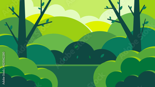 Forest trees background. Glade in the thicket. Beautiful green summer landscape. Flat design