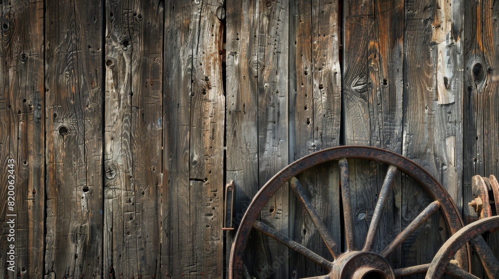 Close-up view of vintage farming equipment, wooden wall with rustic textures, embodying rural heritage and style