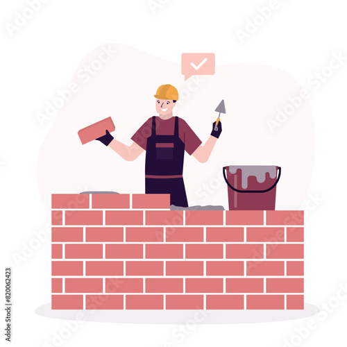 Worker man puts brick wall. Mason holds brick and build wall. Isolated professional employee building modern house, hands work. Construction worker in uniform