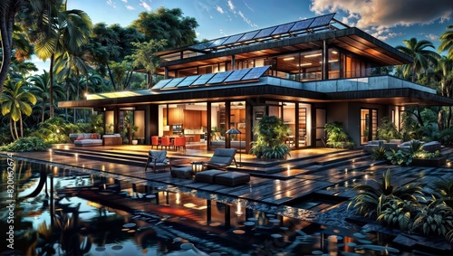 Luxurious tropical villa with solar panels, featuring an open-concept design, lush palm trees, an infinity pool, and a serene water feature in a paradise-like setting.