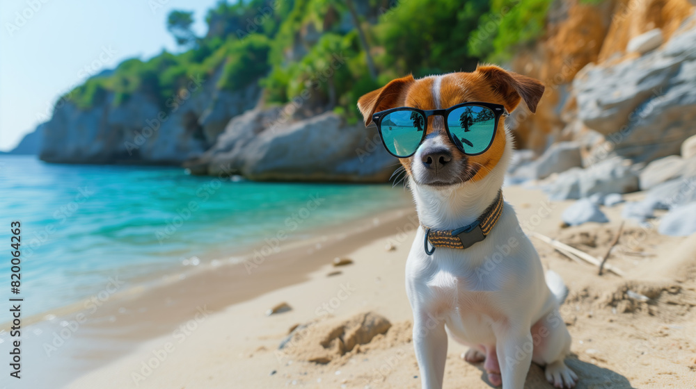 Cute Dog Wearing Sunglasses Relaxing on a Sandy Beach. Cute Dog Wearing Sunglasses Relaxing on a Sandy Beach.