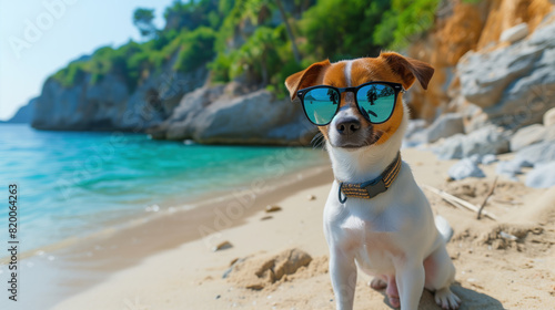 Cute Dog Wearing Sunglasses Relaxing on a Sandy Beach.