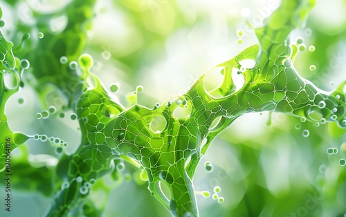 Closeup 3D model of photosynthesis process, emphasizing chlorophyll and sunlight, clean white backdrop photo