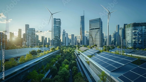 Conceptual image of a city skyline with a mix of modern skyscrapers and green spaces  showcasing renewable energy sources like solar panels on rooftops and wind turbines