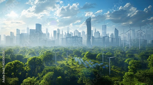 Conceptual image of a city skyline with a mix of modern skyscrapers and green spaces  showcasing renewable energy sources like solar panels on rooftops and wind turbines