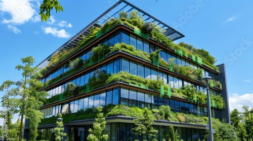 Eco-friendly modern office building with extensive green roofing and solar panel installations, promoting energy efficiency and sustainability