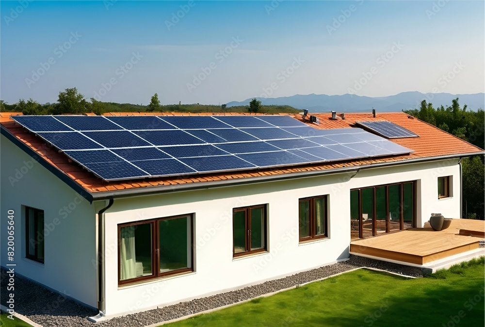 Panel solar energy photovoltaic power roof sun home cell system green house eco industry. Solar energy building panel future electric engineer technology ecology sunset nature station sky light work