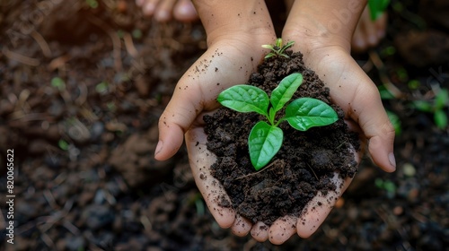 Close-up of hands holding rich, dark soil with a small green plant growing, symbolizing sustainable development and environmental care photo