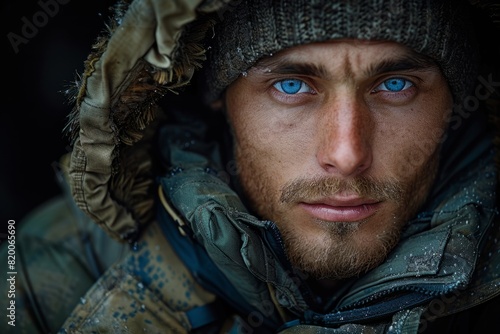 Blueeyed man in hooded jacket and hat with cool outerwear photo