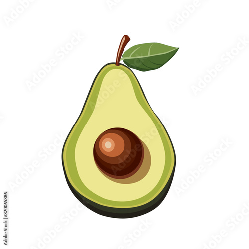 Fresh half cut green avocado isolated on white background. Side view. Vector food clipart for design