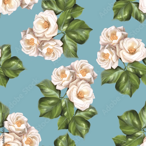 Seamless pattern with white rose flowers.