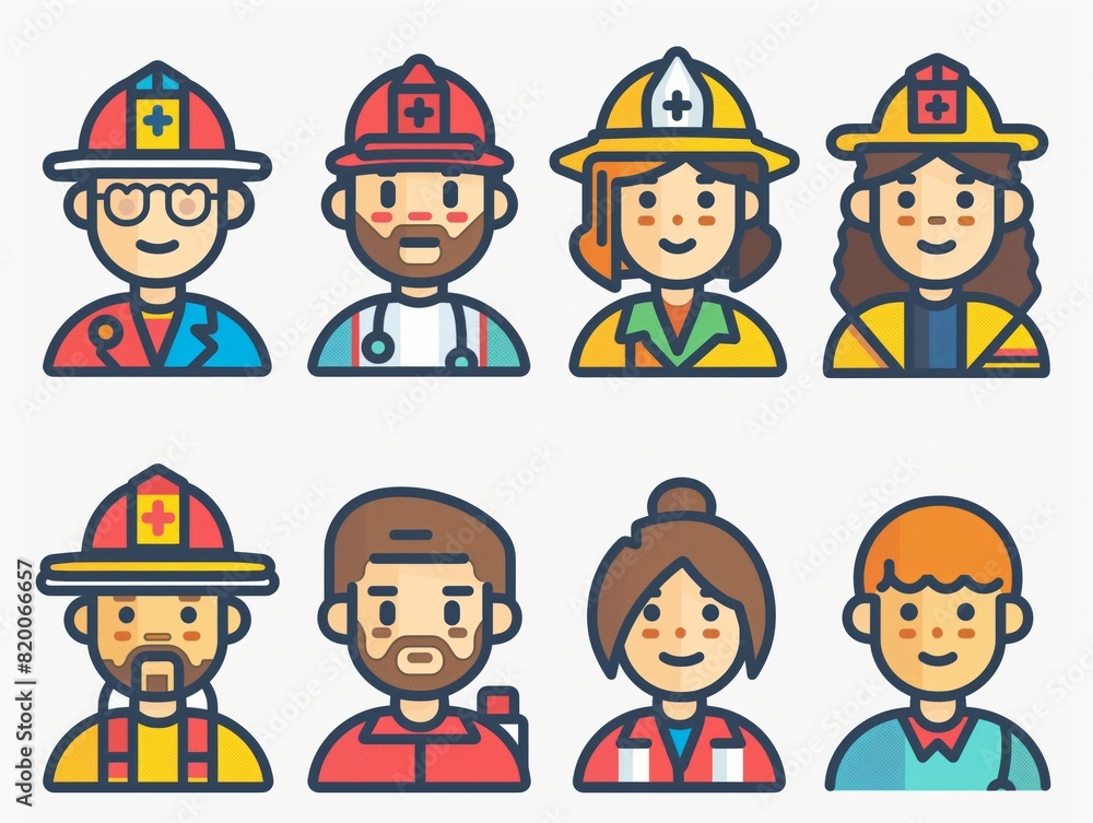 A set of cartoon characters with different professions, including a firefighter, a doctor, and a police officer A set of cartoon characters with different professions, including a firefighter, a doctor, and a police officer