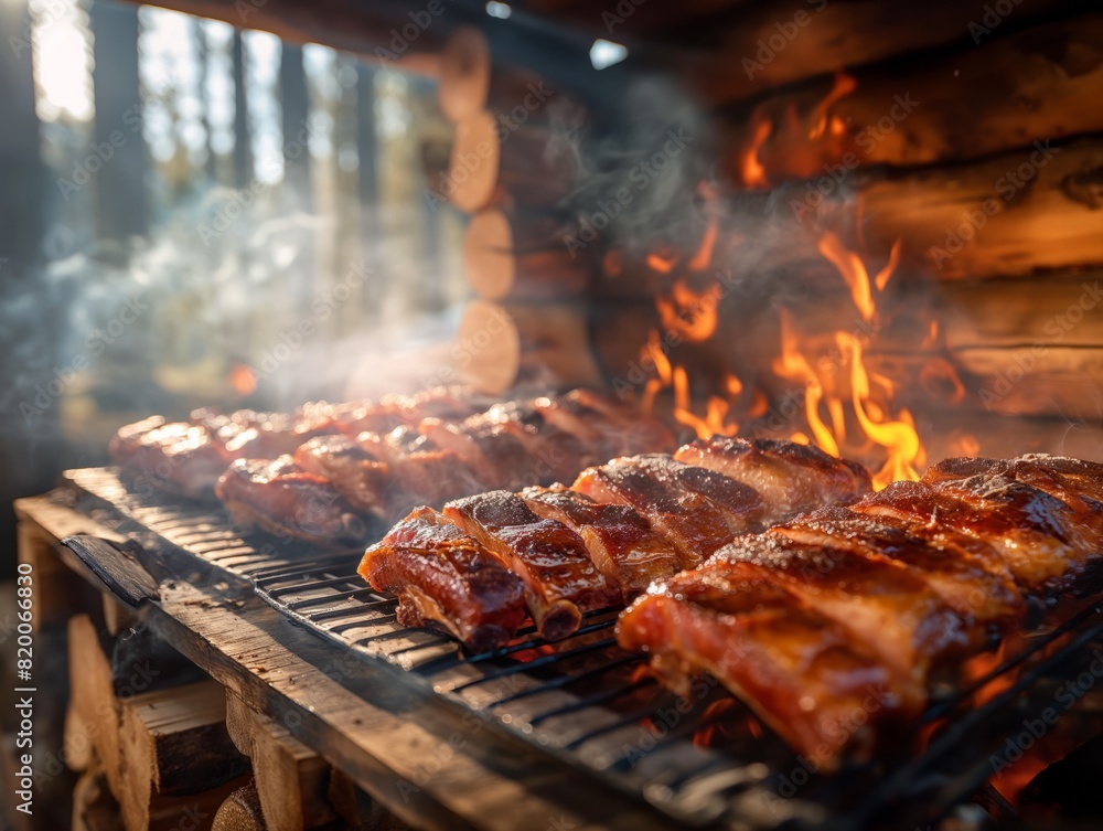A grill with ribs on it and smoke coming out of it. The ribs are being cooked and are brown A grill with ribs on it and smoke coming out of it. The ribs are being cooked and are brown