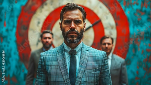 A group of professional business people who are committed to strategizing around target board unite in pursuit of goals.
