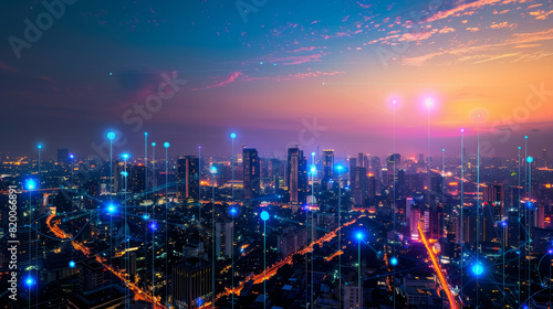 A vibrant futuristic city at dusk  illuminated with digital network lines and glowing points  showcasing advanced technology and connectivity. 
