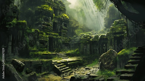 A hauntingly beautiful ruins of an ancient civilization  nestled amidst a dense jungle  adorned with intricate carvings and overgrown with lush vegetation background