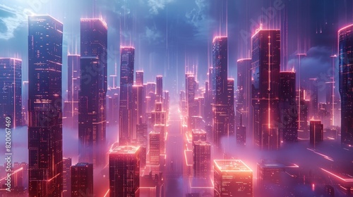 A holographic representation of a futuristic city skyline  with shimmering skyscrapers and floating platforms bathed in ethereal light  projecting an aura of advanced technology and innovation.