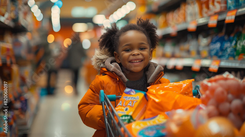 Happy kid shopping in the supermarket photo