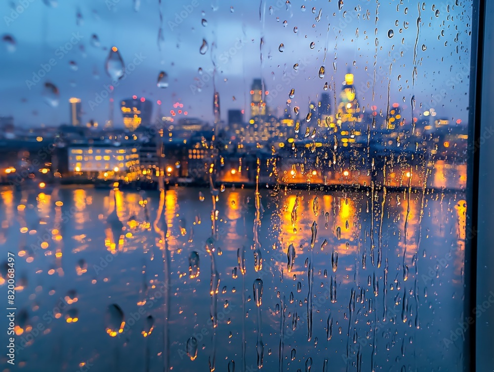 A city skyline is reflected in the water, with the lights of the city visible in the background. The raindrops on the window create a blurry, dreamy effect, giving the image a sense of calm
