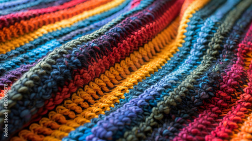 Close-up of colorful woolen fabric with rich texture