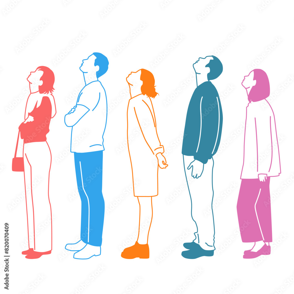 Group of men, women and teenagers standing, profile, looking up, different colors, cartoon character, silhouettes of standing people, flat icon design concept, hand drawn vector illustration isolated Group of men, women and teenagers standing, profile, looking up, different colors, cartoon character, silhouettes of standing people, flat icon design concept, hand drawn vector illustration isolated
