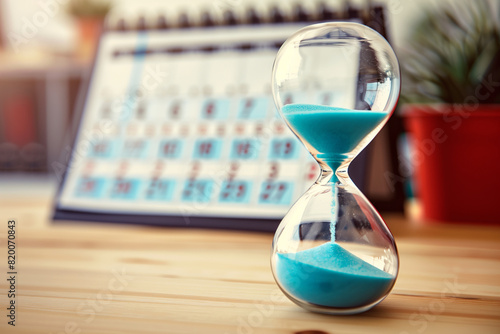 With an hourglass poised over a calendar, a conceptual photo articulates the integral connection between adept time management skills and the timely completion of tasks within a pr photo