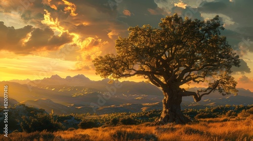 A mighty oak tree standing tall  golden sunset casting long shadows  majestic mountains in the background