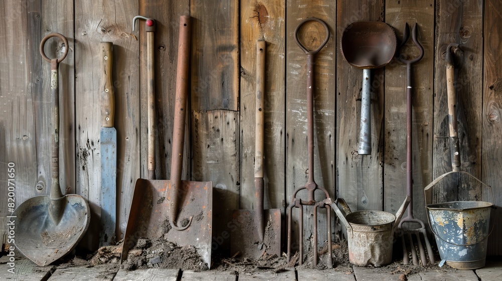 Assortment of dirty, old farm gardening tools on a wooden wall, multi agricultural tools displayed in a rustic, vintage setting Assortment of dirty, old farm gardening tools on a wooden wall, multi agricultural tools displayed in a rustic, vintage setting
