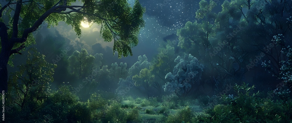 Mystical Forest Landscape at Twilight with Glowing Moonlit Atmosphere and Lush Foliage in a Serene and Enchanting Outdoor Scene Mystical Forest Landscape at Twilight with Glowing Moonlit Atmosphere and Lush Foliage in a Serene and Enchanting Outdoor Scene
