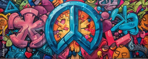 A graffiti-covered wall with a prominent peace sign painted on it
