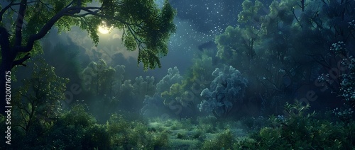 Mystical Forest Landscape at Twilight with Glowing Moonlit Atmosphere and Lush Foliage in a Serene and Enchanting Outdoor Scene