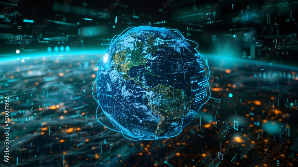 Digital world globe with oceanic and space data, Oceanic currents simulation, Underwater cable routes depiction, Satellite communication beams, Quantum computing nodes Digital world globe with oceanic and space data, Oceanic currents simulation, Underwater cable routes depiction, Satellite communication beams, Quantum computing nodes