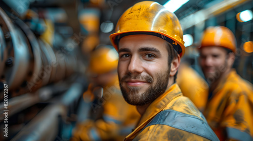 A confident Caucasian male construction worker, wearing a hardhat and protective workwear, smiling at the camera in an industrial setting
