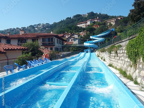 A blue water slide with a white wall in the background. The slide is surrounded by chairs and a fence photo