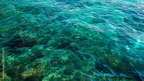 Blue green surface of the ocean with sun lights and small waves