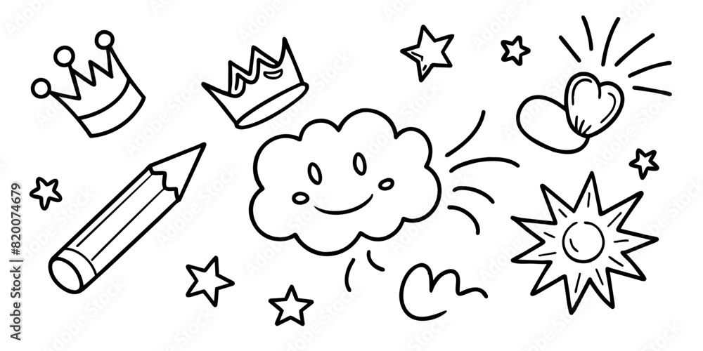 A pencil is depicted, along with a variety of doodle-style drawings,including crowns, stars,a cheerful cloud, hearts and a solar flare.The simple black linework conveys a playful and creative feel.AI A pencil is depicted, along with a variety of doodle-style drawings,including crowns, stars,a cheerful cloud, hearts and a solar flare.The simple black linework conveys a playful and creative feel.AI