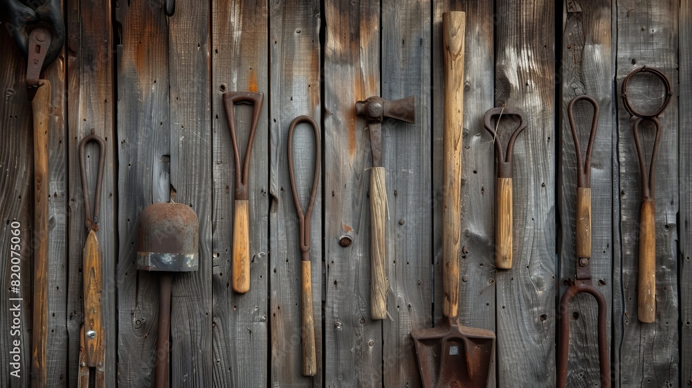 Close-up of rustic agricultural tools hanging on a wooden wall, showcasing a rural vintage style, aged textures and natural wear